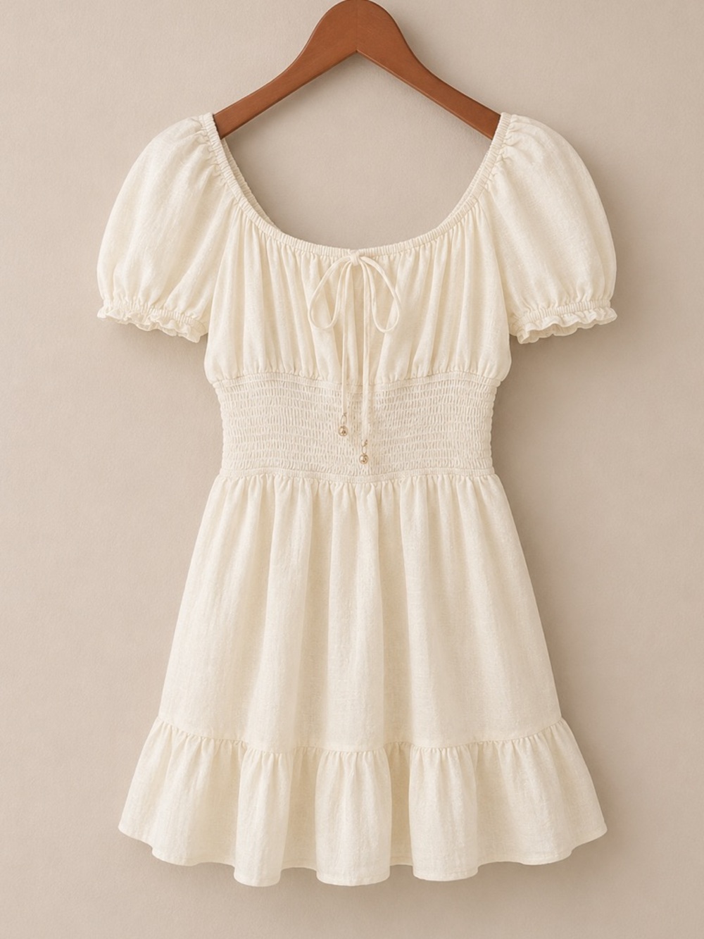 100% Cotton Smocked Puff Sleeve Mini Dress Cottagecore Coastal Cream Yellow - Picture 2 of 6